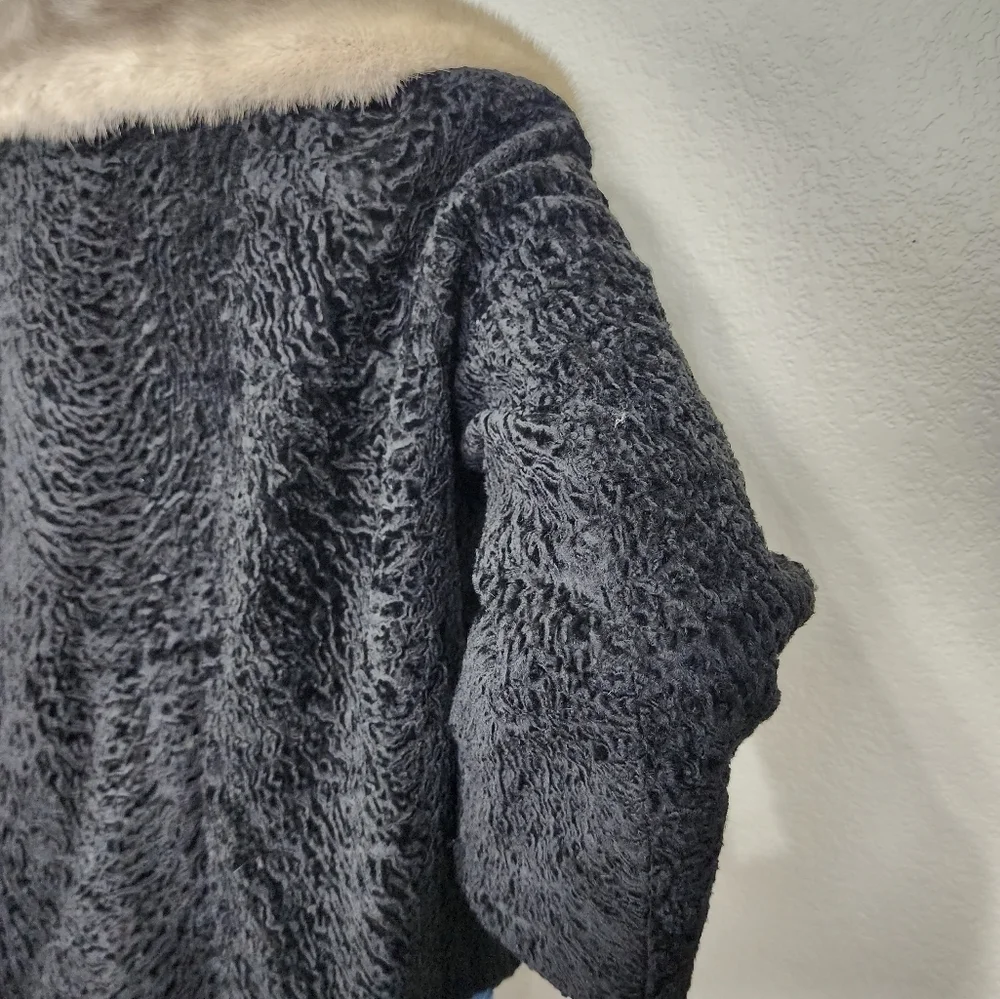 Vintage Persian Lamb Mobwife Black W/ Gray Mink Collar Jacket Size L/XL